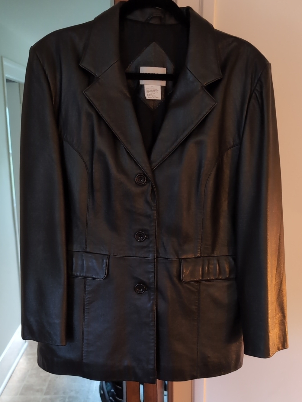 Vintage Black Leather Blazer Jacket - Tailored Button-Front